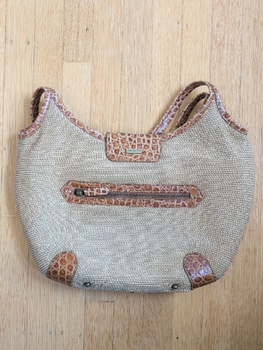 Eric Javits Beige Woven Shoulder Bag with Brown Croc Trim